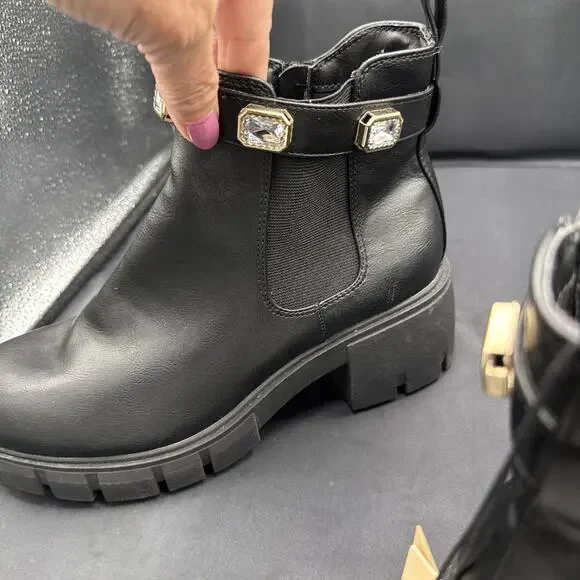 Madden NYC Women's Black Rhinestone Chain Zip Lug Sole Chelsie Ankle Boots Sz 9 - Picture 7 of 13